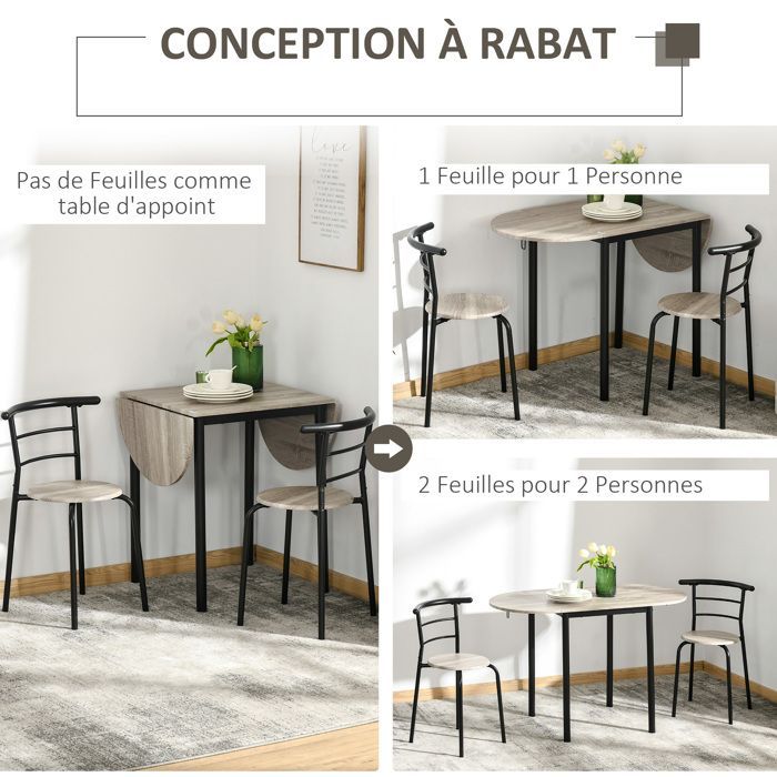 Ensemble table et chaises - HOMCOM - table ovale extensible à rabats 2 chaises cuisine - métal MDF - noir naturel
