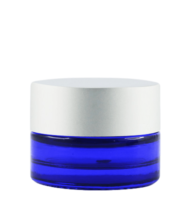 Pot verre bleu 5 ml avec capot argent mat