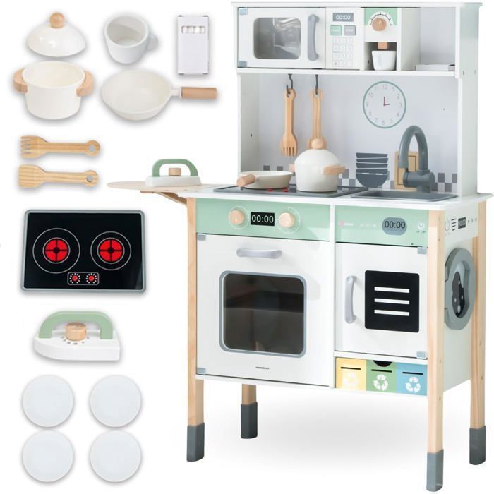 Cucina interattiva in legno per bambini Mamabrum 85 x 31 x 97,5 cm – Altezza regolabile – Accessori – Piastra con suoni e luci