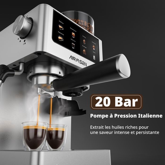 AIRMSEN Kaffemaskine med Kværn – Espressomaskine med Mælkeskummer, 20 Bar Rustfrit Stål, Cappuccino, Latte, Iskaffe