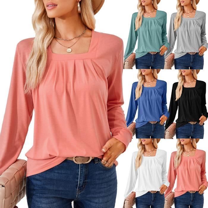 Pull Femme Col Carré Plissé Manches Longues Pullover Lâche Confortable Couleur Unie Pour Printemps Et Automne - Taille EU - Vert