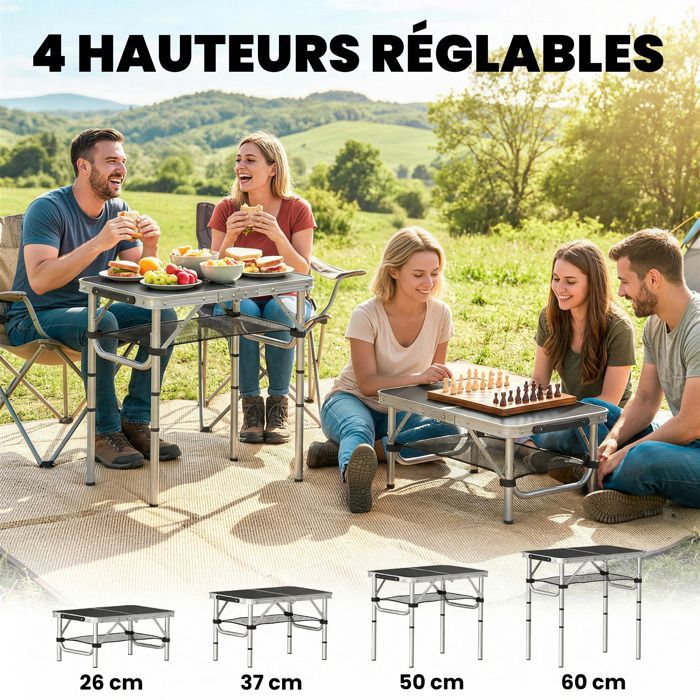Opklapbare campingtafel - Outsunny - 4 verstelbare hoogtes - opbergvak van gaas, handvat - aluminium - 60 x 40 x 60 cm - zwart