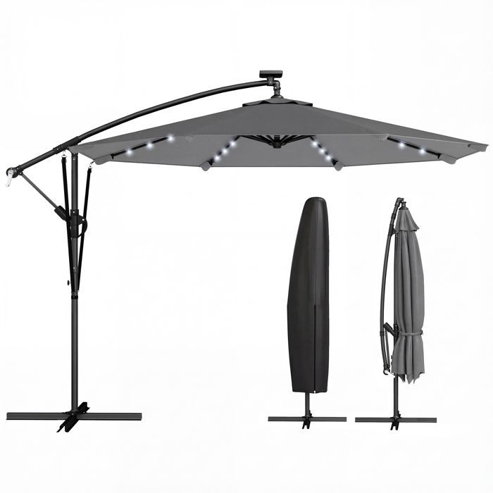 Zweefparasol - tuinparasol - 32 LED-lampjes met draaihendel, UV 50+ bescherming en beschermhoes - aluminium - Ø 295 cm - grijs