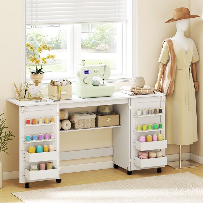 Table de couture - HOMCOM - pliante - roulettes, 2 portes, 4 bacs, 20 crochets - panneau de particules - 160x40x81,5cm - blanc