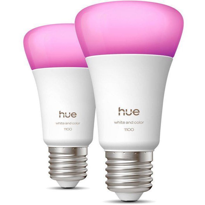Paquete de 2 bombillas LED A60 conectadas - PHILIPS HUE - Luz blanca y de color - Base E27 - 8,1 W - 1000-2000 K - 1100 lúmenes