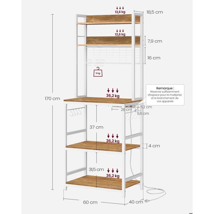 Desserte De Cuisine avec Multiprise, 40 x 60 x 170 cm, Noisette Clair et Blanc