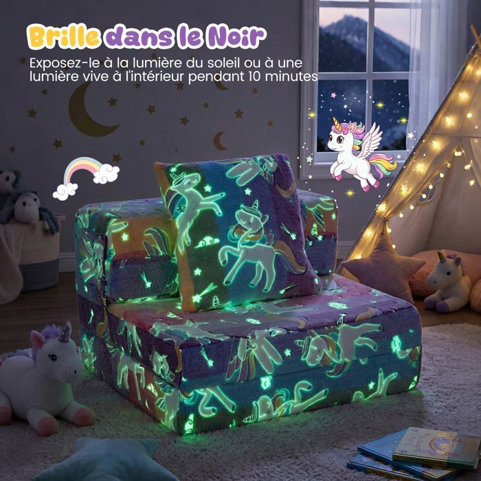 COSTWAY Canapé pour Enfants Phosphorescent 3-en-1 avec Housses Zippées Lavables et Coussin Supplémentaire, Convertible