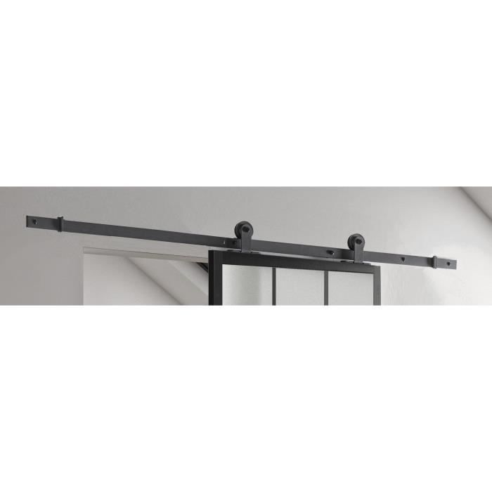 Kit de porta de correr OPTIMUM ATELIER, preto + trilho aparente - 204 x 93 cm - vidro fosco
