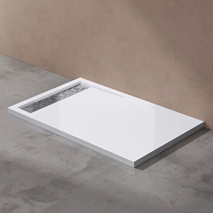 Plato de ducha acrílico de diseño Xetro04W en color blanco, 90x120x4cm, con desagüe y tapón AL02 incluido.