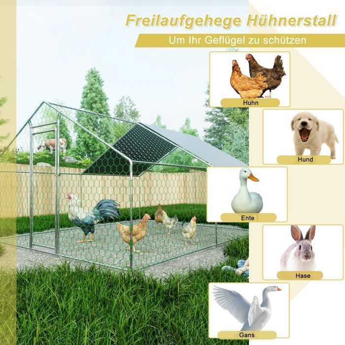 Enclos Poulailler 12 m² avec Toit Imperméable, Acier Galvanisé, Parc Grillagé 3x4x2m pour poules,lapins, Anti UV