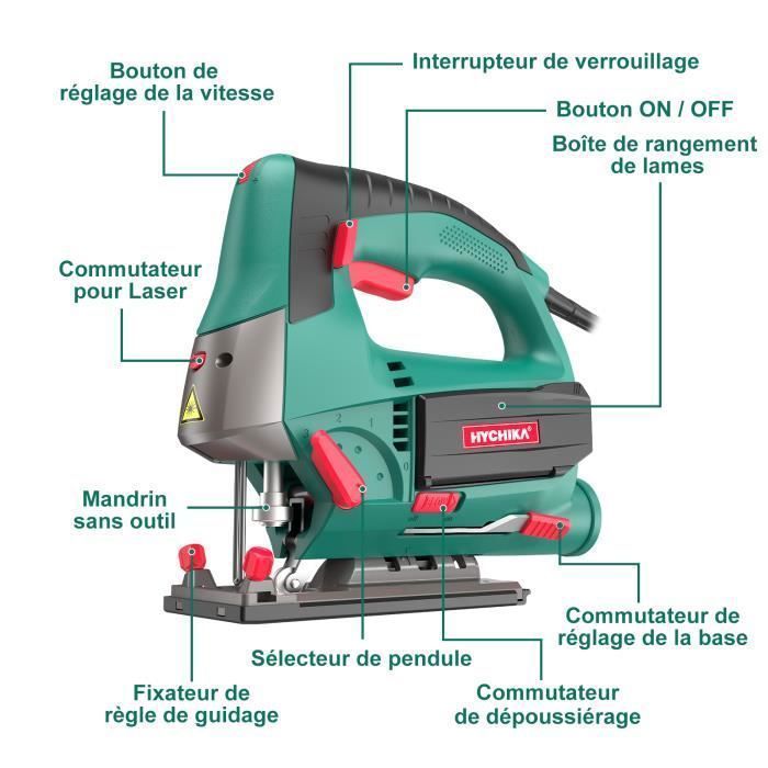 HYCHIKA Stichsäge - 800 W - 6 einstellbare Geschwindigkeiten - 4 Schnittmodi - mit 6 Sägeblättern