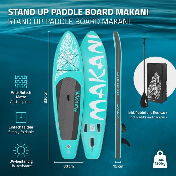 Tavola da Stand Up Paddle gonfiabile Makani di ECD Germany | 320 x 82 x 15 cm | fino a 150 kg | PVC | Turchese