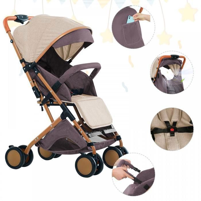 Compact Baby Stroller - MENGDA - Reclining Backrest, With Basket, Mosquito Net, 5-Point Harness - Up to 50KG - Khaki