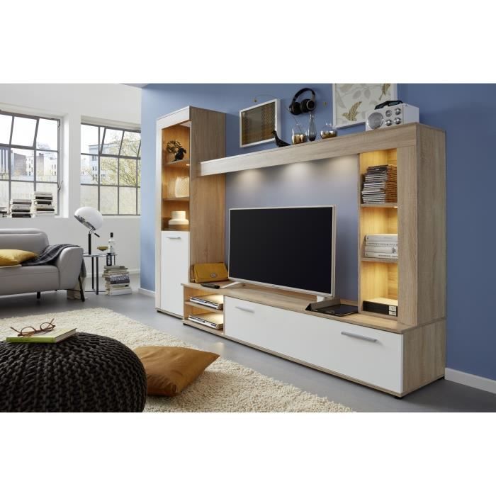 3-delat TV-set med LOGO - 1 dörr - LED-belysning - Ljus ek och mattvit melamin - B240 x D41 x H185 cm - TRENDTEAM