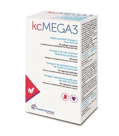Complemento alimenticio Pharmacross Kcmega 3 para perros y gatos, 30 gránulos.