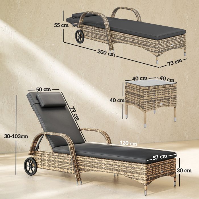 Set of 2 sun loungers - Outsunny - multi-position adjustable recline - armrests, wheels, coffee table - PE resin - dark grey