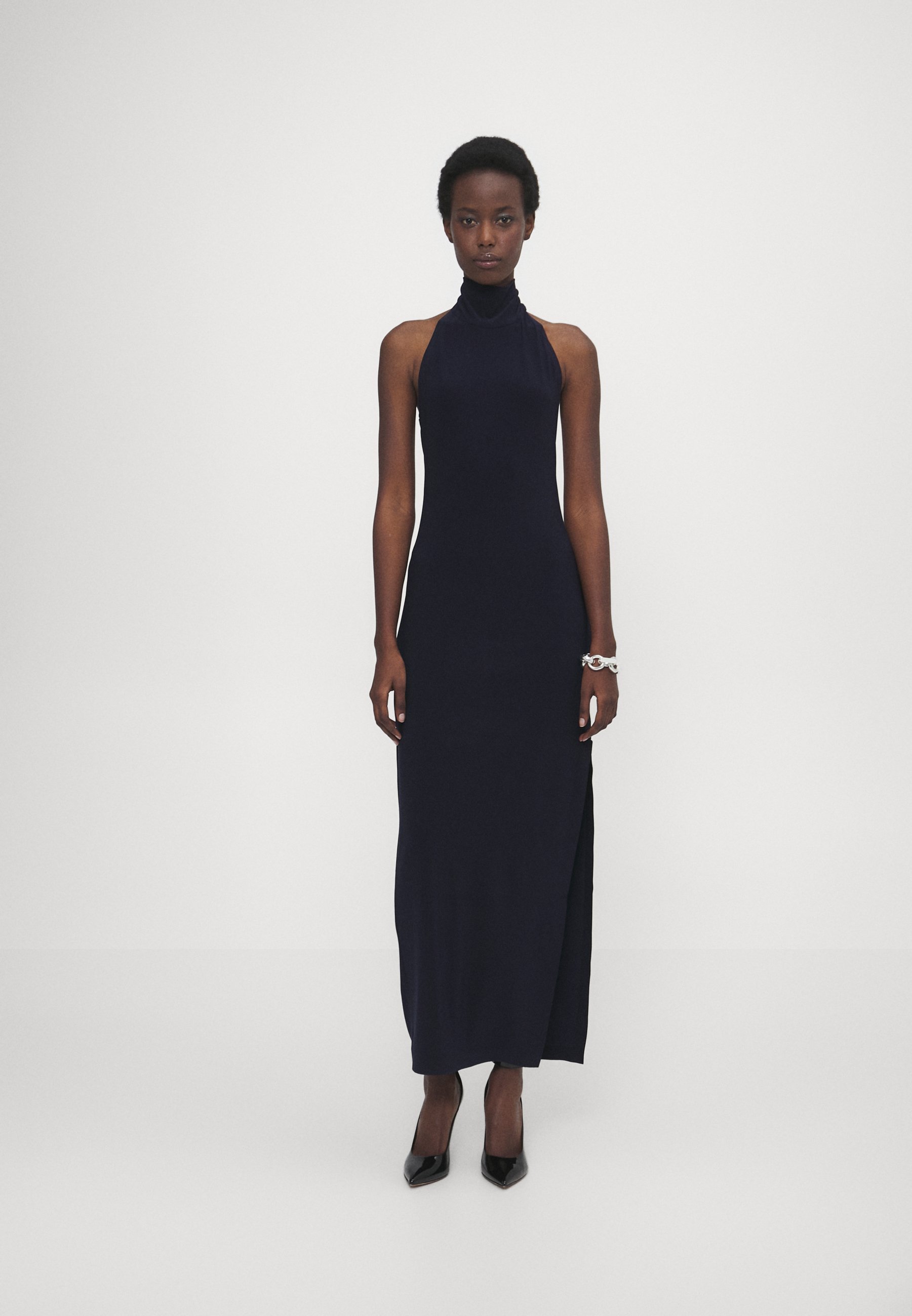 Norma Kamali Suknia z rozcięciem na boku i halterem - Sukienka z jerseyu - prawdziwa granatowa