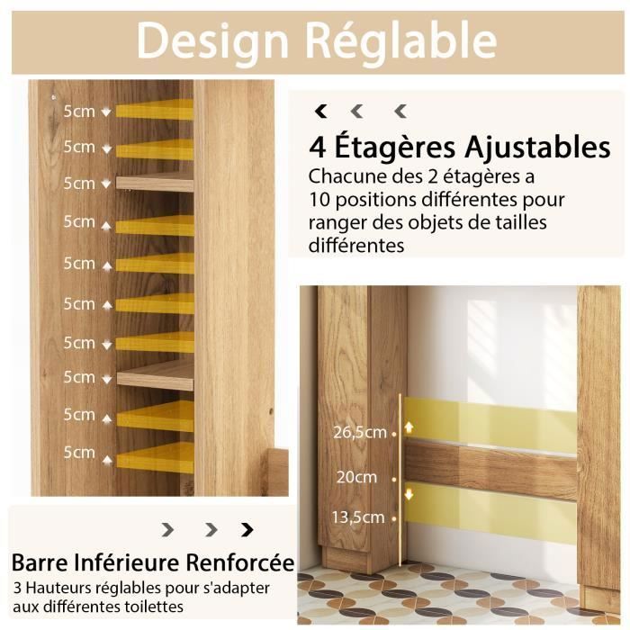 COSTWAY Meuble WC Au-dessus de Toilettes, 2 Compartiments, 2 Placard, 4 Étagères Réglables, Anti-basculement, 18x87,5x98 cm, Nature