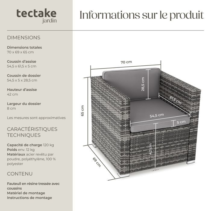 Poltrona da giardino - TECTAKE - LIGNANO, seduta da giardino in rattan, resistente ai raggi UV, 70 x 69 x 65 cm - Grigio