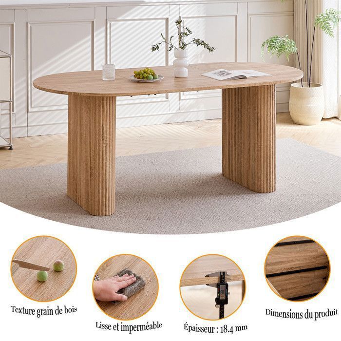 Table - Table à manger ovale - Support colonne - MDF - bois clair