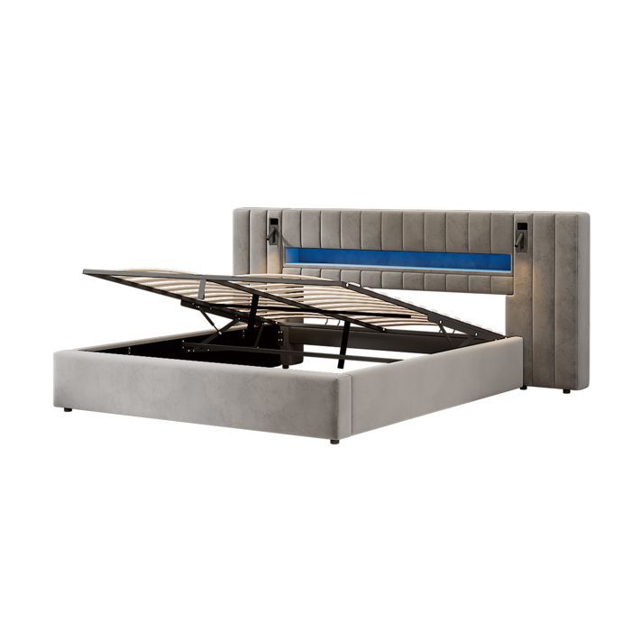 Cama con almacenamiento tapizada EVRYAE de 180x200 cm en terciopelo gris, diseño elegante y funcional.