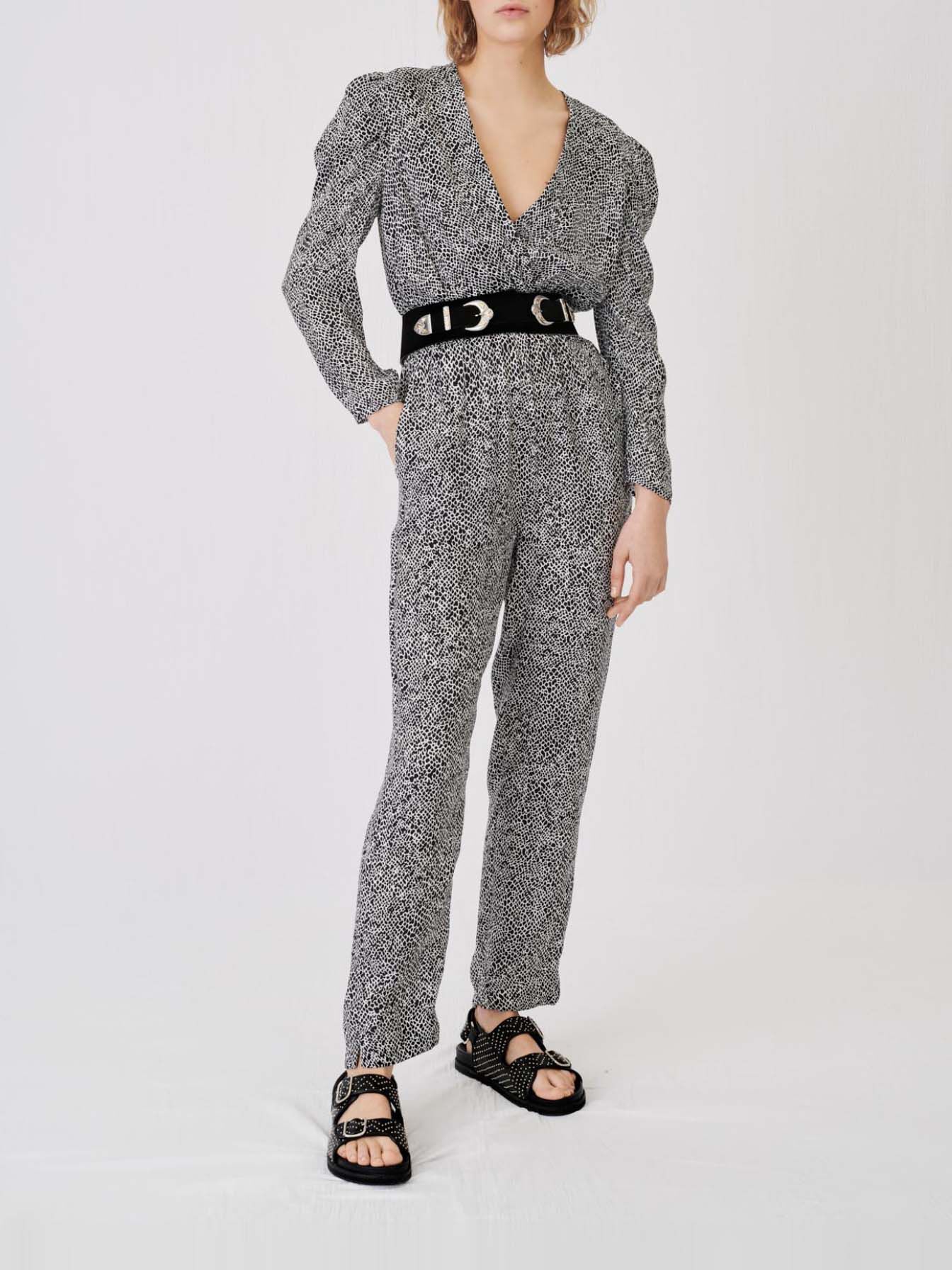 Salopetă fluidă cu animal print-Animalier Noir Blanc