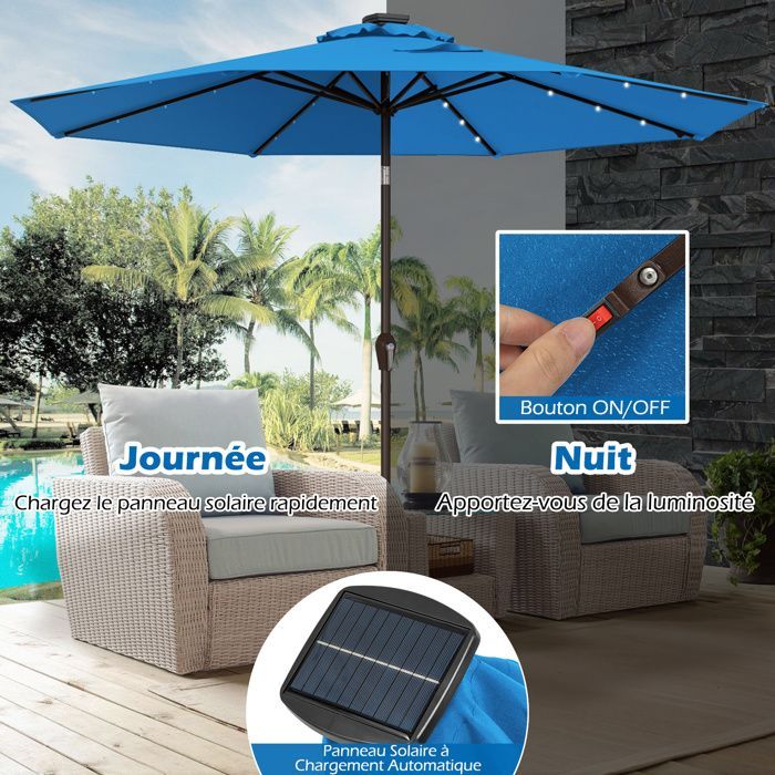 Parasol de Jardin Déporté Inclinable COSTWAY - 24 Lumières LED - Dia.3x2,5M - Structure en Métal Robuste - Anti-UV - Bleu