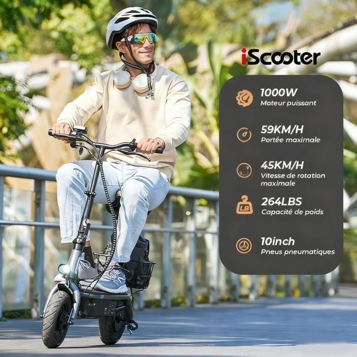 Trottinette Électrique Pliable avec Siège iScooter SR-E3 pour Adulte et Ados, Moteur 1000W, Autonomie 60KM, Batterie 13Ah