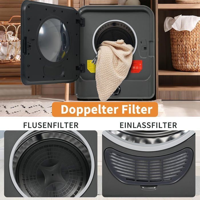 Draagbare wasdroger - 5 droogstanden - Capaciteit van 3 kg (werkelijk tot 4,5 kg) - Meervoudige filtratie, zwart