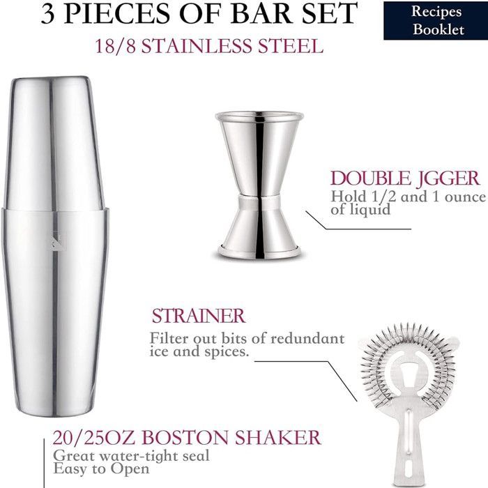 Conjunto de barman, coqueteleira Boston, para coquetéis, aço inoxidável, Estilo 1