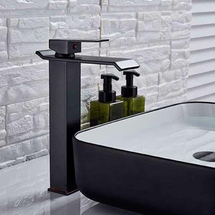 Grifo mezclador de lavabo tipo cascada JULLYBATHEVY - Grifo de baño - Grifo mezclador - Grifo mezclador de lavabo tipo cascada alto - Negro mate