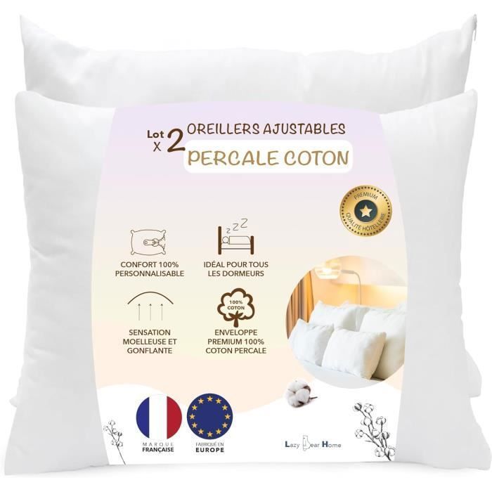 LazyBearHome Oreiller 60x60 Lot 2, Housse Percale Coton, Garnissage Fibre Creuse siliconée, Ajustable Hauteur, Marque FR Fabriqué