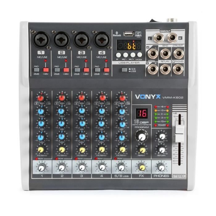 Vonyx VMM-K602 table de mixage - 6 canaux, technologie sans fil Bluetooth, USB, égaliseur, idéal pour des applications chants et DJ