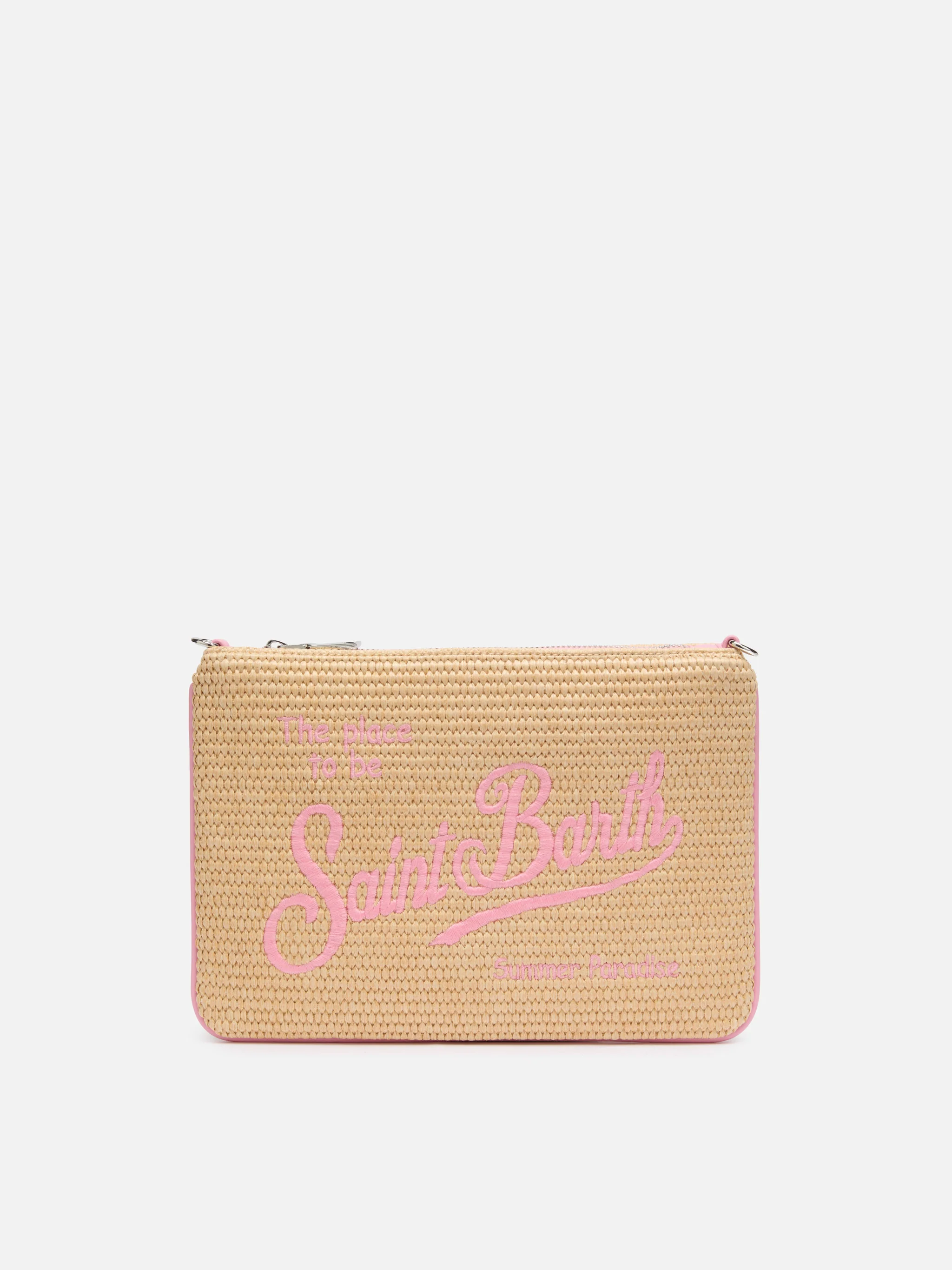 Parijse clutch met stro-effect en roze details.