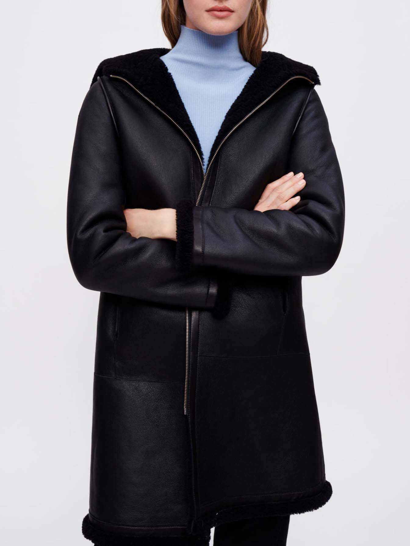 Haină din shearling, lână și blană - Negru