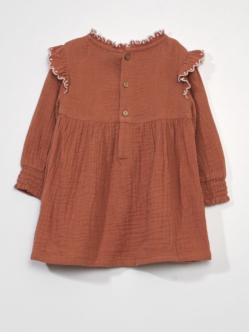 Vestido de gaze de algodão de manga comprida - LARANJA