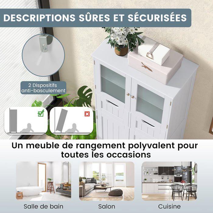 GIANTEX Bathroom Cabinet - Storage Column with 2 Drawers and Adjustable Shelves - Wooden Chest of Drawers - 60 x 30 x 128 cm - White