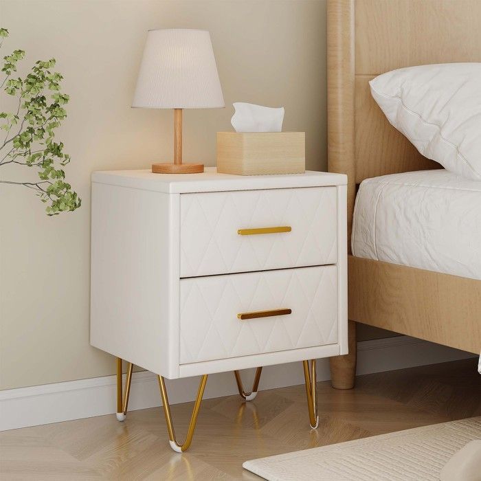Lot de 2 Tables de Chevet,Table de Chevet avec 2 Tiroirs,Meuble de Chevet,Chevet de Lit avec Pieds en MéTal,35.5x41x51cm,PU,Blanc