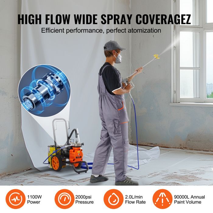 Pulverizador de membrana sin aire de alta presión - VEVOR - 1100 W - 2 L/min - para pintura interior y exterior, suministros y cercas
