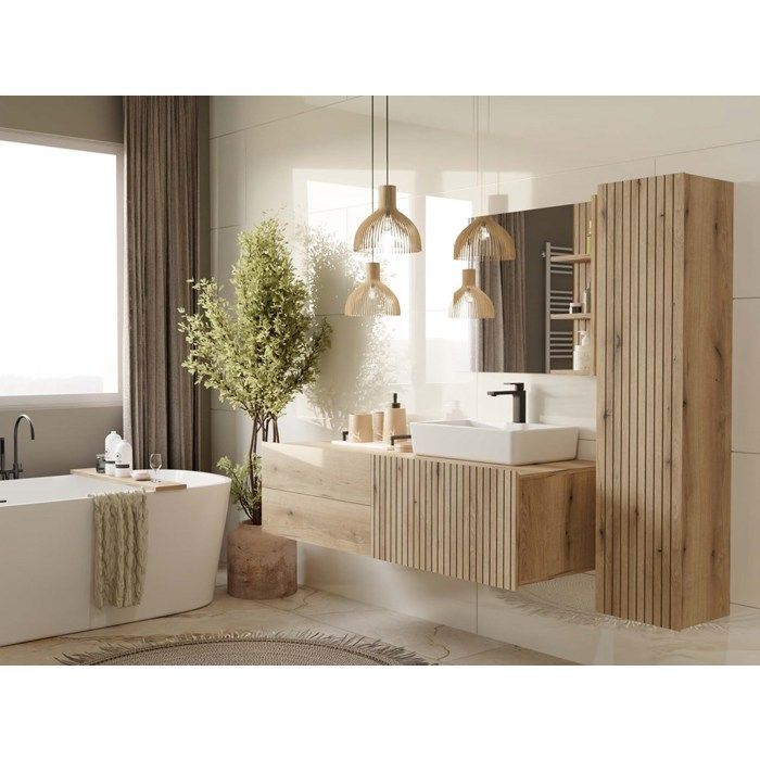 TIGO - Armoire de salle de bain suspendue, étagère, chêne à façade rainurée