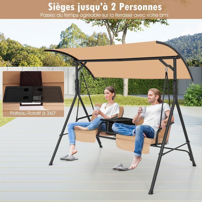 Columpio de jardín DREAMADE para 2 personas con bandeja, bolsa isotérmica de 23 litros, portavasos y 2 cojines para el asiento.