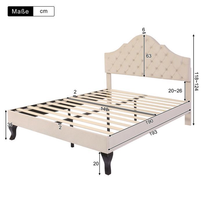 Cama doble de 140x190 cm con somier de láminas, estructura de cama para adultos con cabecero regulable en altura, color beige.
