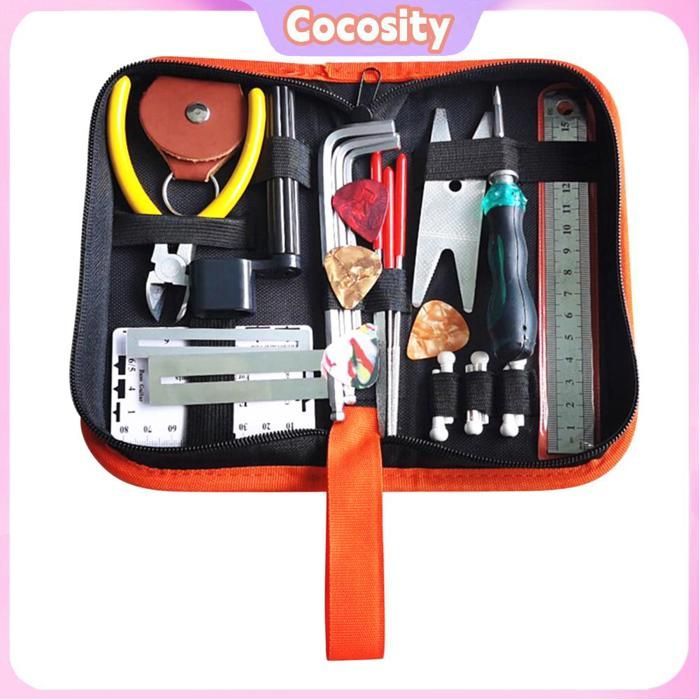 Kit di attrezzi per chitarra da 26 pezzi, kit portatile per la manutenzione di chitarra con borsa per il trasporto, per basso, ukulele e chitarra.