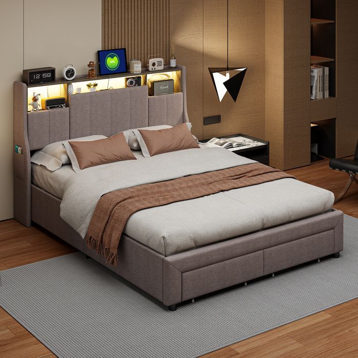 Letto matrimoniale 160 x 200 cm, letto per adulti 160x200 cm con 2 cassetti, con illuminazione a LED, struttura letto, testiera con contenitore, materiale in lino, grigio