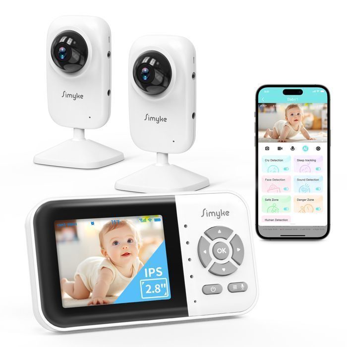 Moniteur Bébé Vidéo WiFi 2 Caméras, Écran LCD 2.8