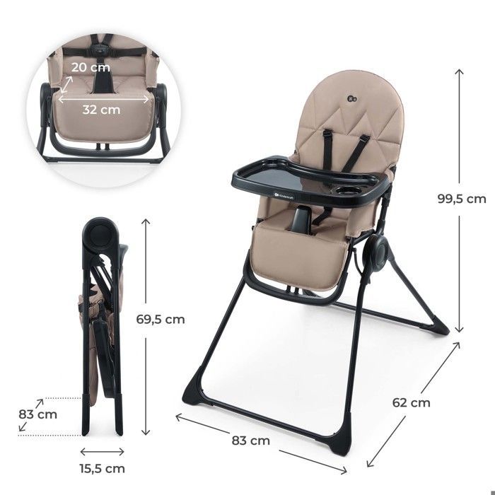 Seggiolone Kinderkraft BINCI, ultracompatto, pieghevole, portata massima 5 kg, 3 posizioni di altezza, cintura di sicurezza a 5 punti, poggiapiedi, colore beige.