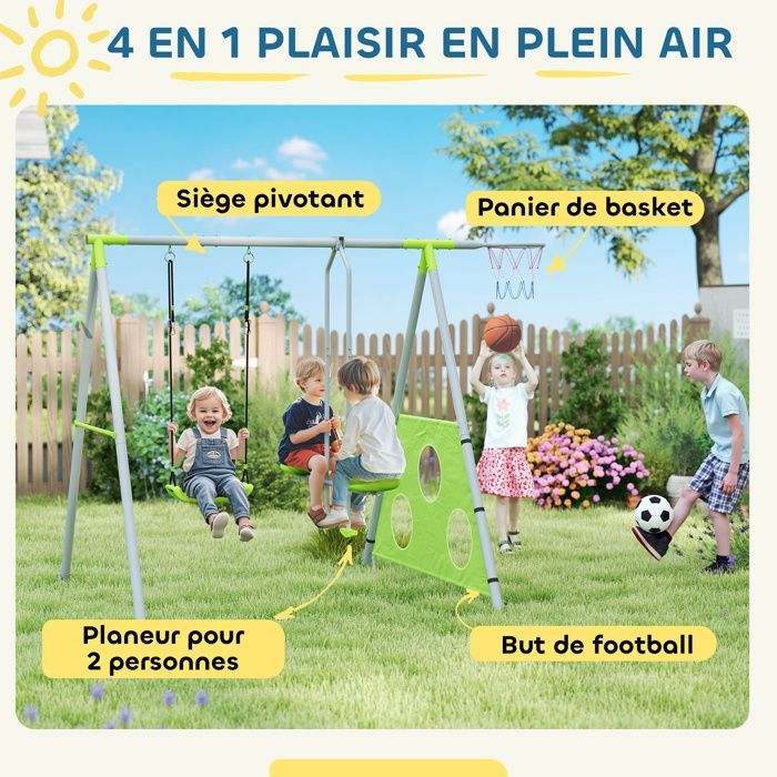 Portique balancoire enfant 4 en 1 - AIYAPLAY - sièges et face à face, panier de basket-ball et but de football, charge 135 kg - vert
