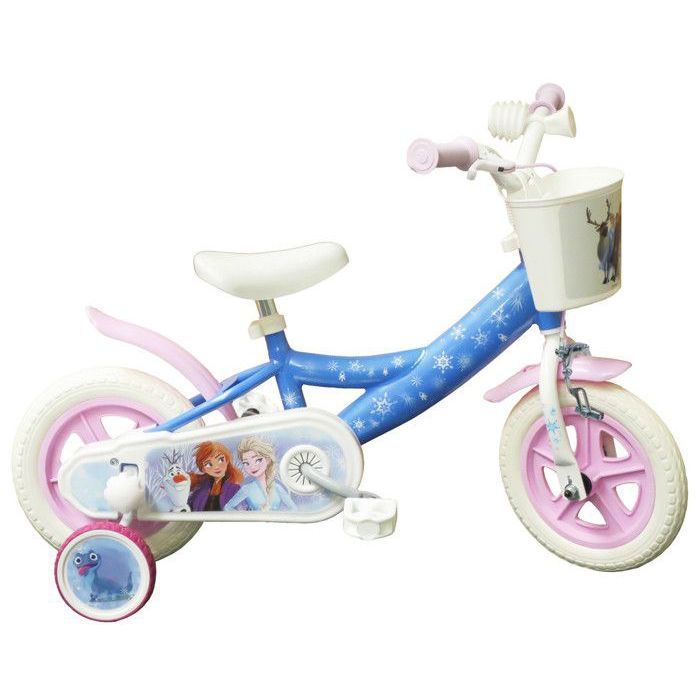 Vélo enfant 10'' Reine des neiges - 1 frein - panier avant, garde-boues, carter, roues à bâtons & 2 stabilisateurs amovibles !
