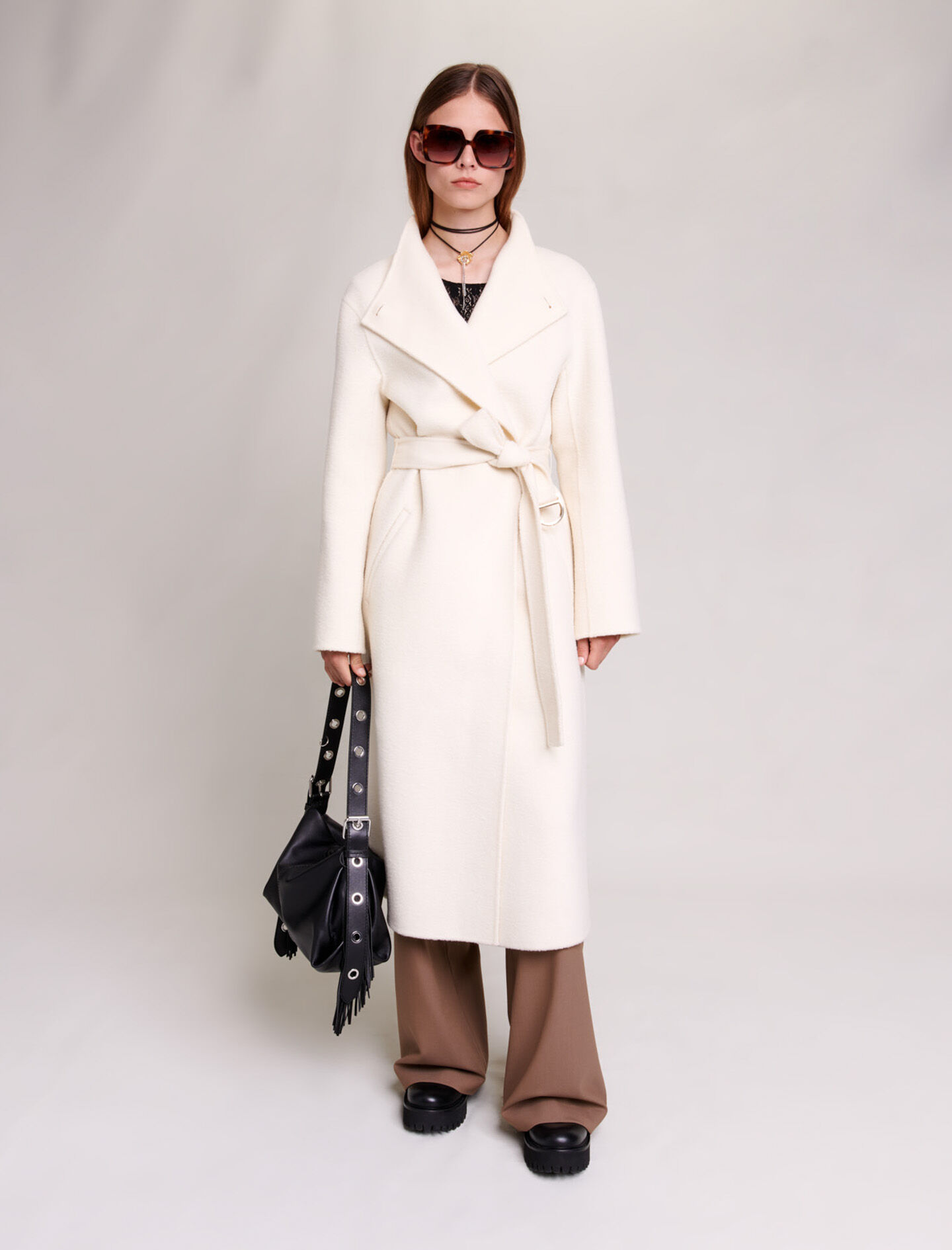 Midi-jas met strikceintuur - Gebroken wit