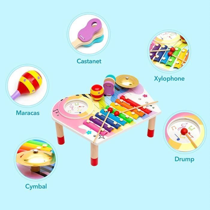 Ensemble d'instruments de musique - Xylophone en bois - 10 pièces - Multicolore - Pour enfants 3-6 ans